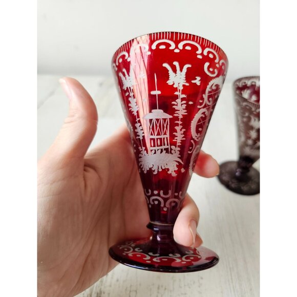 Egermann red Bohemian cut glass goblet champagne deer building cranberry vintage - Picture 2 of 6